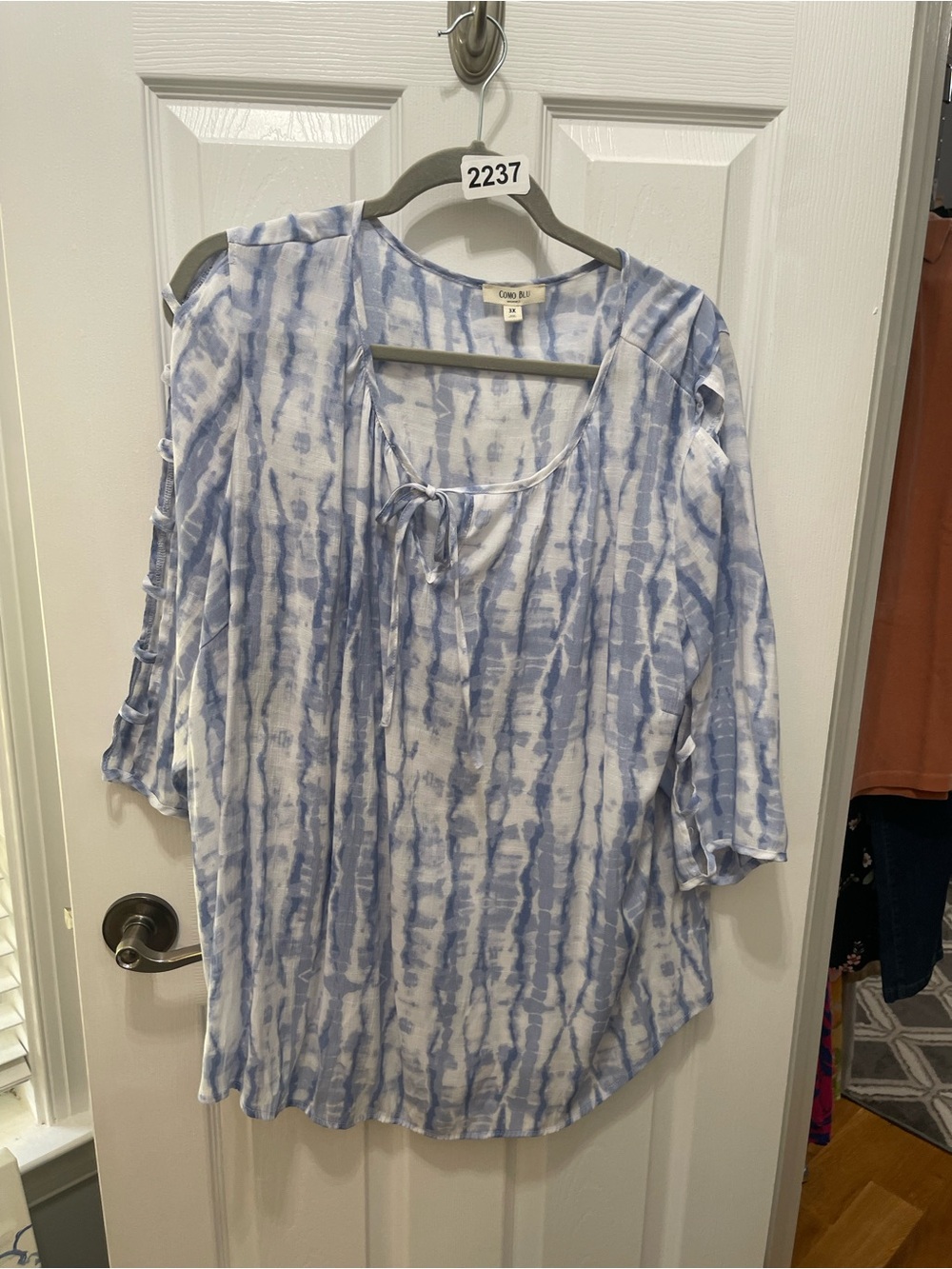 Cato Blue and White Tie-Dye Peasant Blouse with Front Tie - Picture 3 of 13